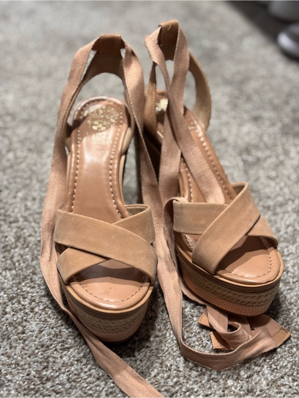 Vince Camuto Tan Suede Ankle Wrap Wedge Sandals